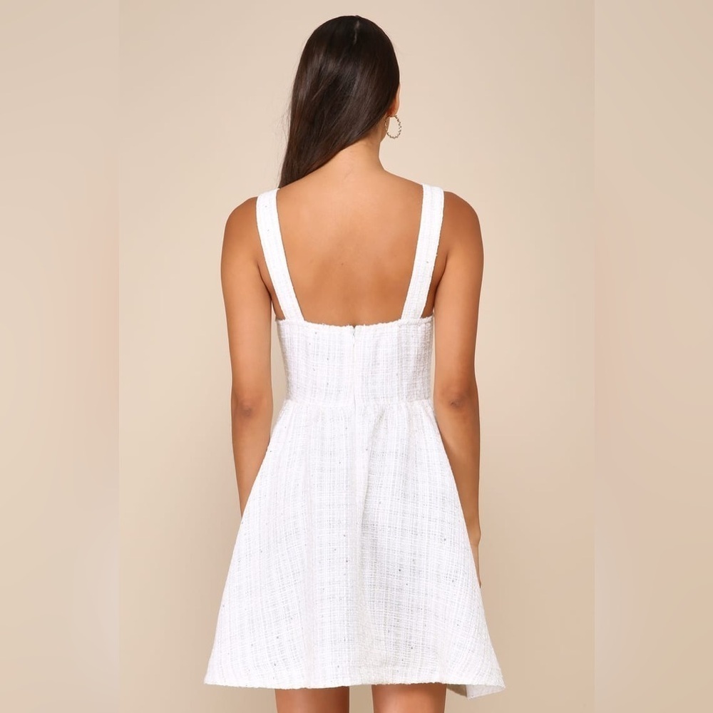 NWT Lulus Charming Pose Ivory Tweed Sequin Mini Dress size M - Picture 3 of 13